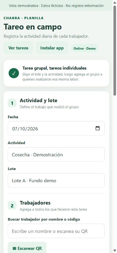 El trabajo se registra donde ocurre. Vista de demostración de Chakra
