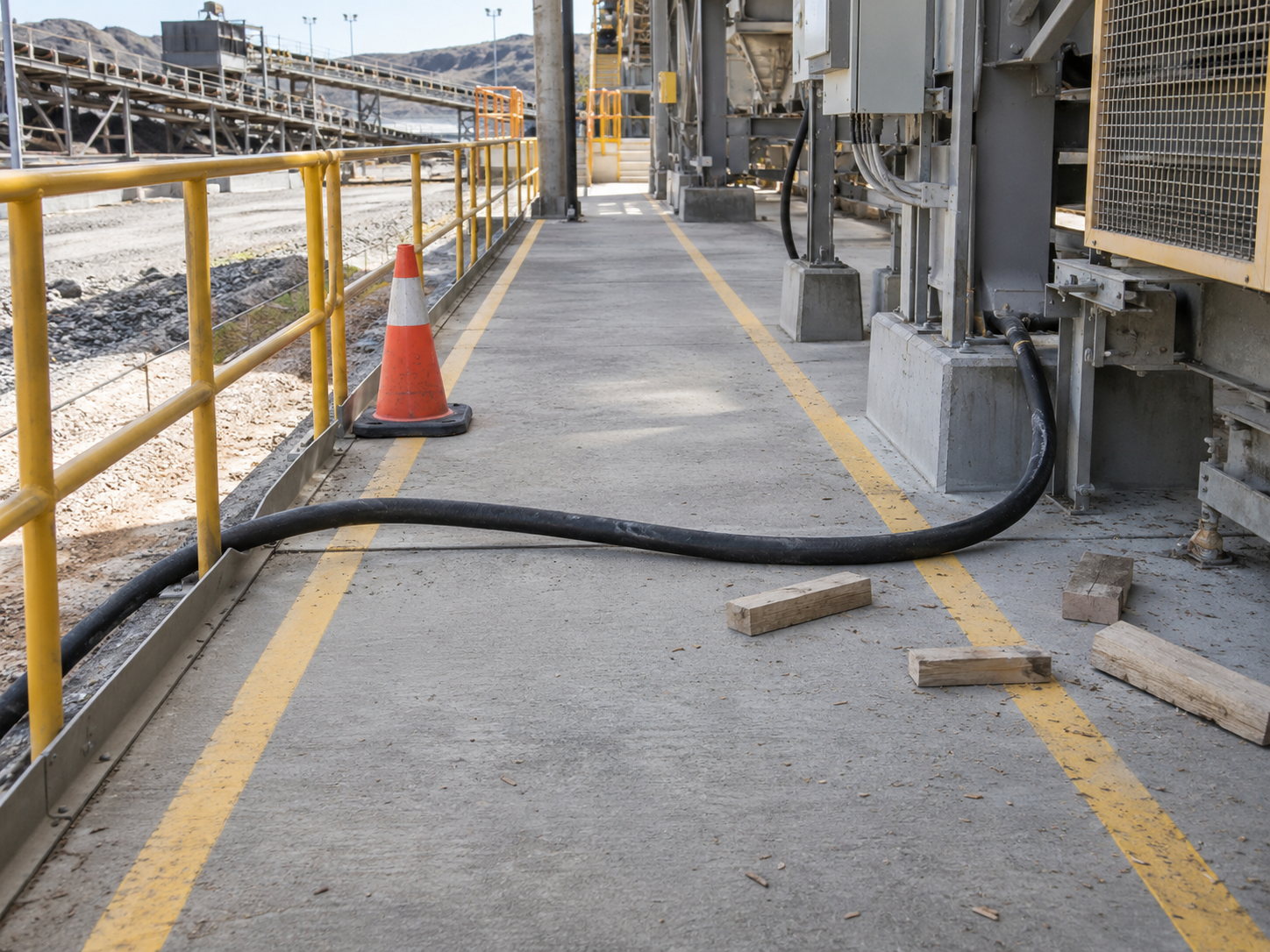 Fotografía generada de una manguera y materiales que obstruyen una vía peatonal industrial