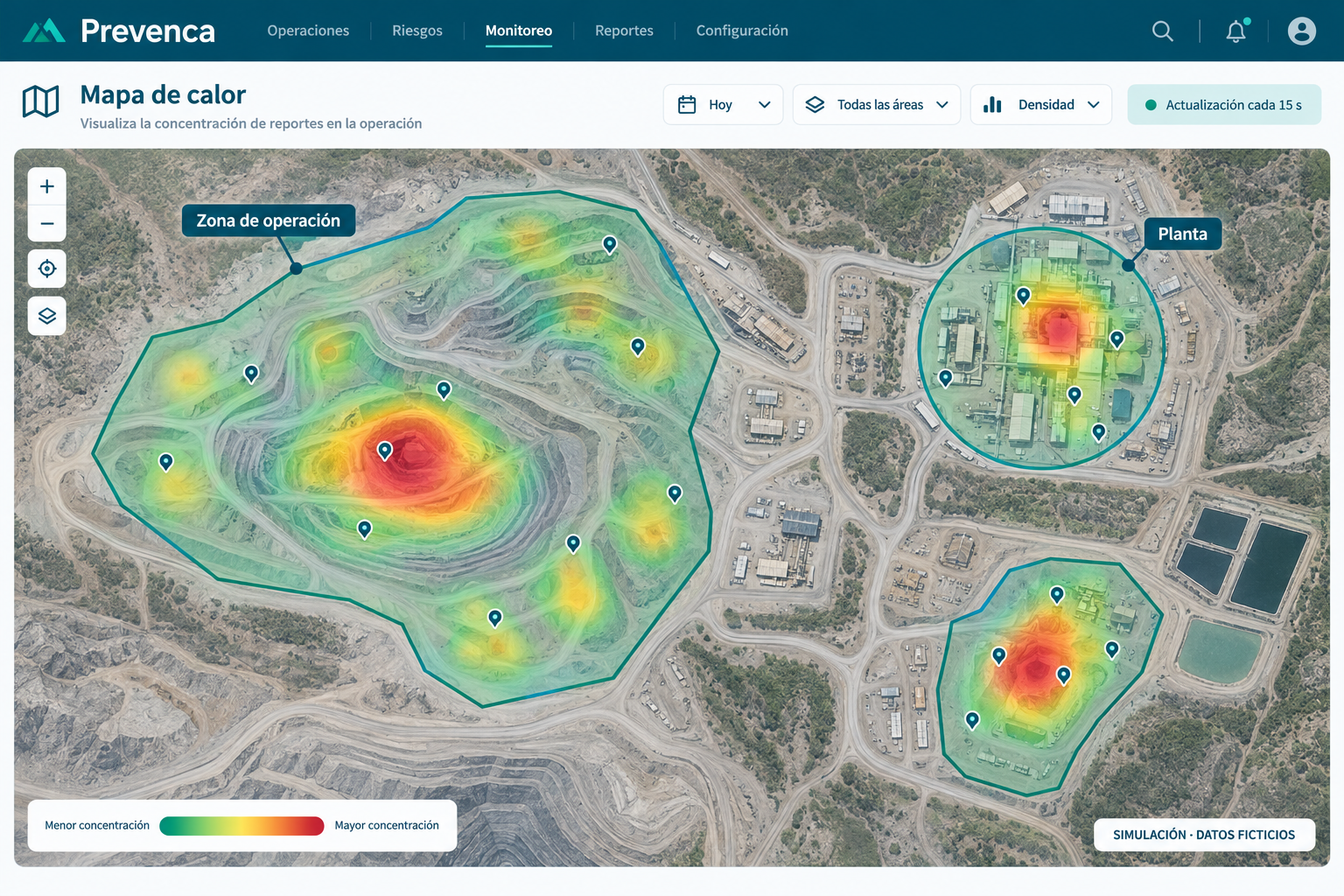 Mapa de calor simulado de Prevenca; explora sus tres puntos rojos para ver reportes y fotografías
